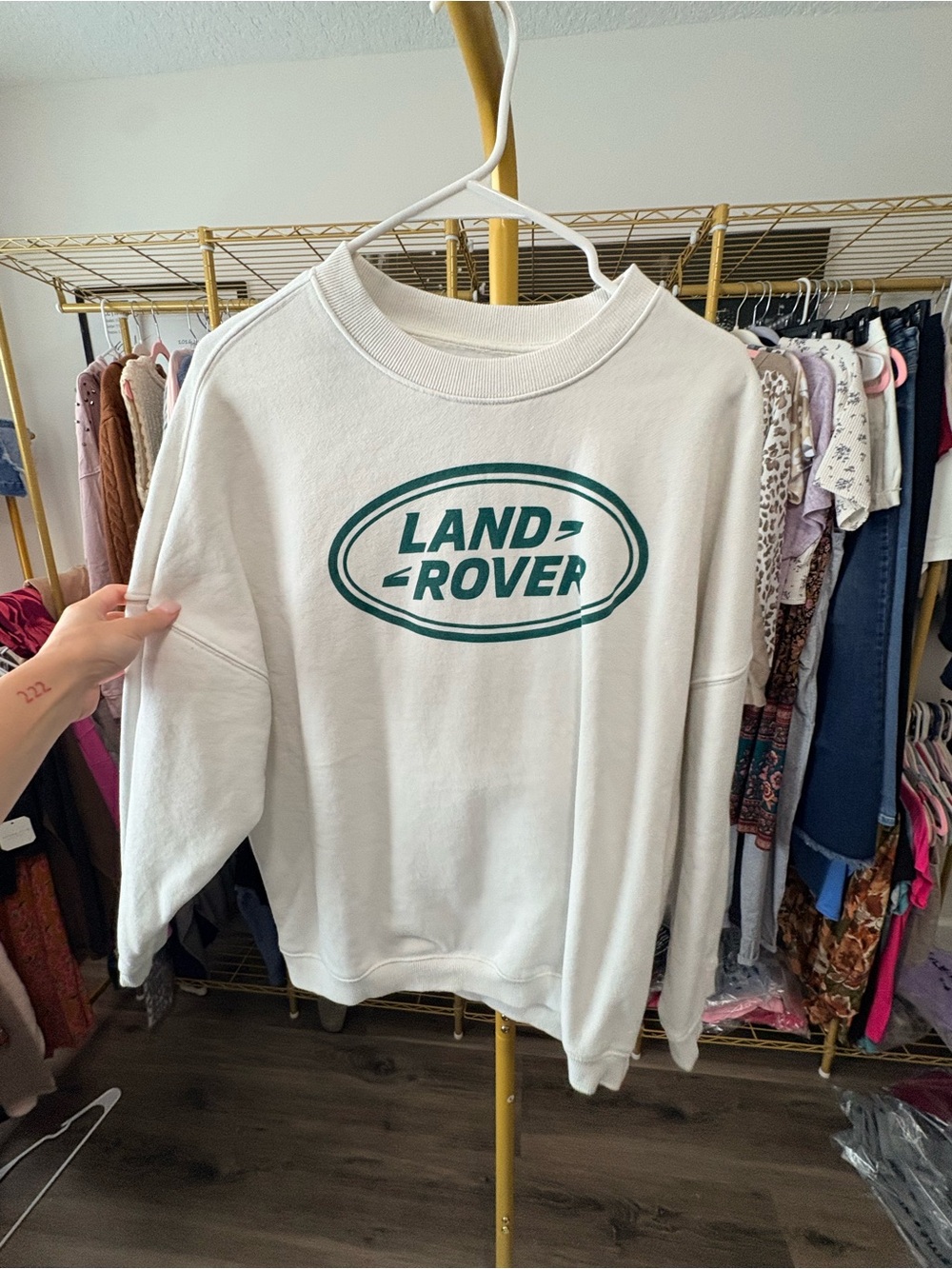 PacSun White Crewneck Sweatshirt with Green Land Rover Logo